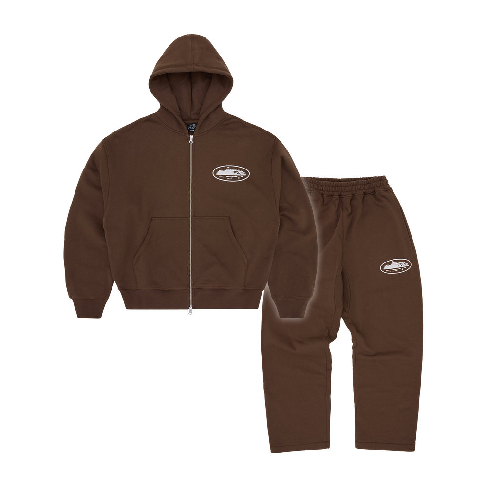 Corteiz Island Puff Print Tracksuit - Brown front view