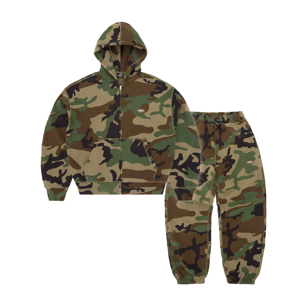 Corteiz Mini Island Hoodie Tracksuit - Woodland Camo front view