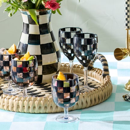 Black Check Acrylic Water Goblets, Set of 4