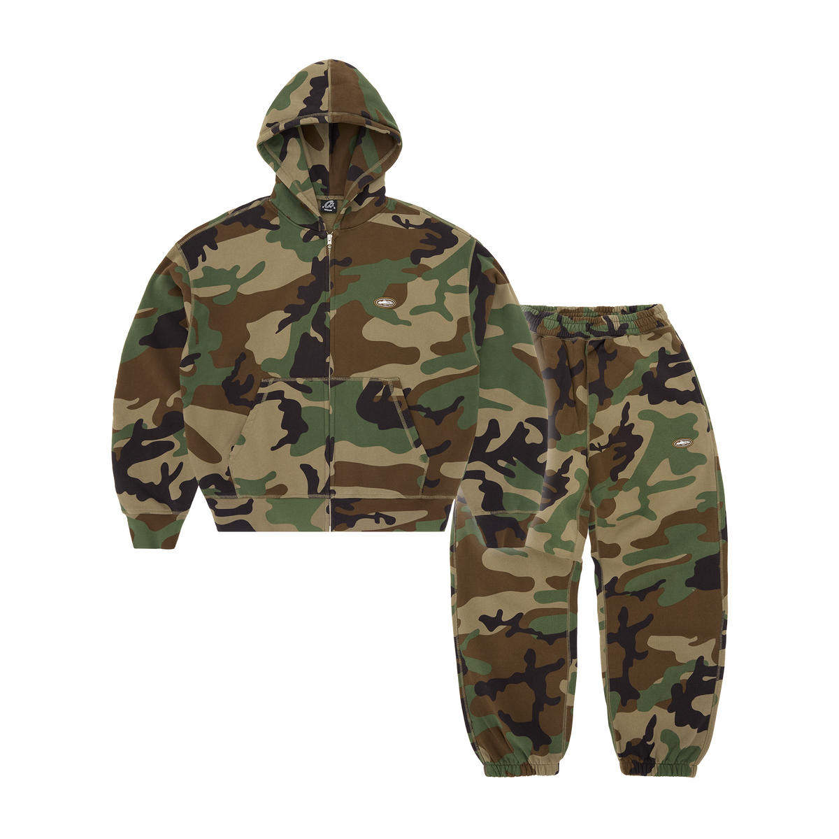 Corteiz Mini Island Hoodie Tracksuit - Woodland Camo front view
