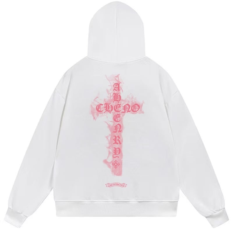 Chrome Hearts Pink Flame Cross White Hoodie product image