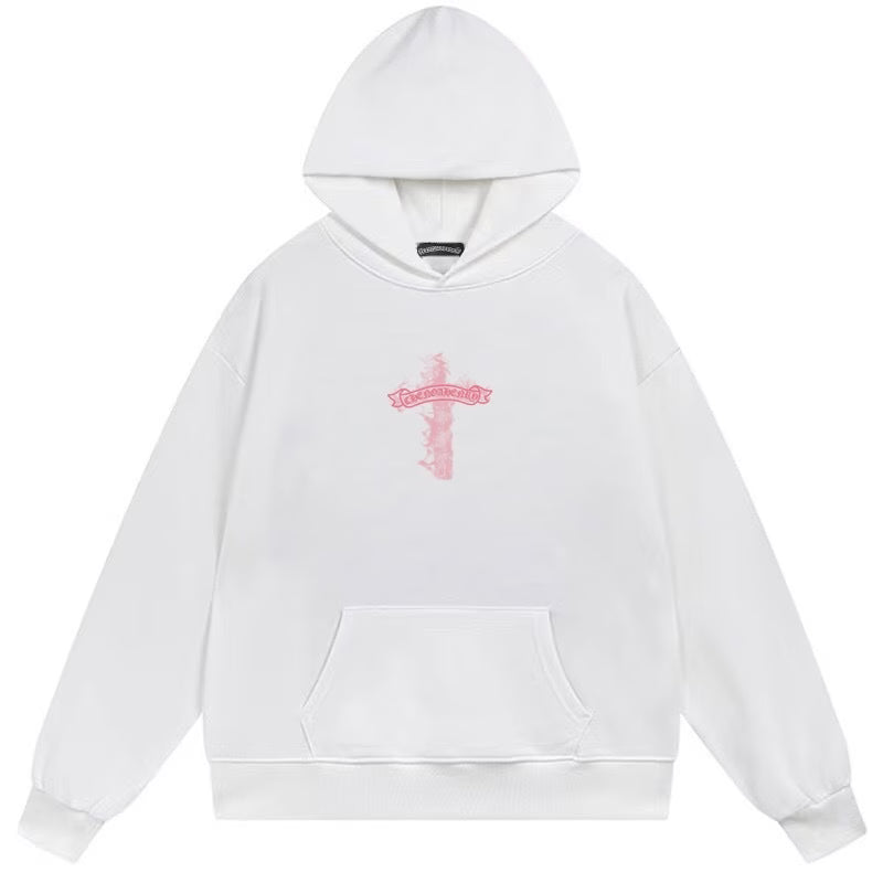 Chrome Hearts Pink Flame Cross White Hoodie back/alternate view